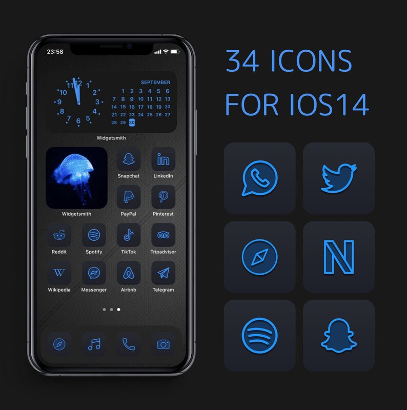 34 IOS14 App Icons Black And Blue Theme Icons Bundle IOS
