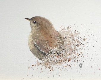 10x7 inch Wren splatter original watercolour.