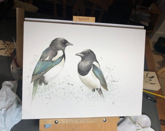 A3 Magpie Meeting original watercolour.