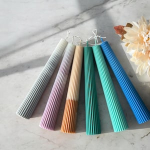 Handmade Ombre Soy Wax Taper Candle: Ribbed Two-Tone Design (8.7&quot;)