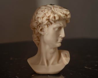 Op de afbeelding: Een wit gipsen bustebeeld van een man met kort, krullend haar. De buste is naar rechts gekeerd en het gezicht van de man is zichtbaar. De buste staat op een zwart oppervlak.
