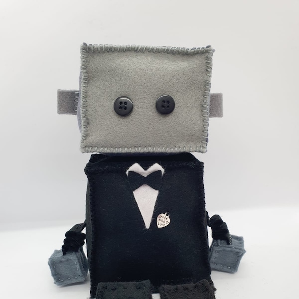 Handstitched Embroidered Felt Black Tuxedo "James Bond" style Robot "Ferdinand". Ideal as a Wedding or Celebration Gift FREE UK P+P