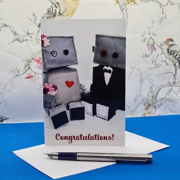 Anniversary, Wedding, Engagement, Civil Partnership Handmade Robot Blank Greetings Card - Free UK P+P