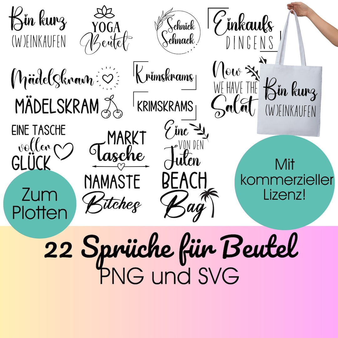 PLOTTERDATEI Sprüche für Beutel & Taschen png + svg, Jutetasche Plotten