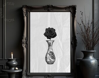 Zwarte vaas kunstprint, gotische bloemen muurdecoratie, donkere botanische afdrukbare, humeurig huisaccent