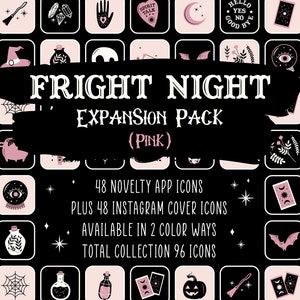 May include: A black and pink digital illustration of 96 Halloween icons. The icons include a witch's hat, a skull, a crescent moon, a spider web, a cauldron, a crystal, a bat, a tarot card, a pumpkin, a broom, and a potion bottle. The text "FRIGHT NIGHT EXPANSION PACK (PINK)" is written in white on a black background.