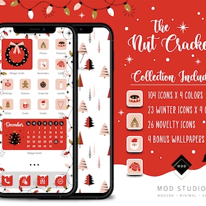 May include: A phone screen mockup showcasing a Christmas-themed app icon set with a red and white color scheme. The set includes 104 icons, 23 winter icons, 26 novelty icons, and 4 bonus wallpapers. The text "The Nutcracker Collection Includes" is displayed on a red background.