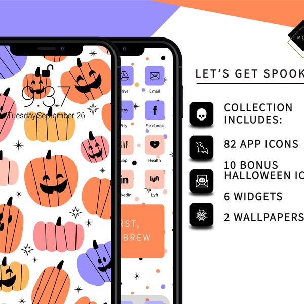 Vamos a obtener Spooky / 288 Multi Color iPhone App Icons / 10 Bonus Halloween app icons / 24 Widget Icons / 2 custom iPhone Wallpaper Designs