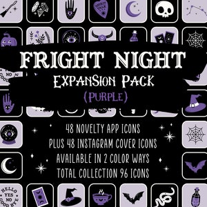 Puede incluir: Un conjunto de 96 iconos de aplicaciones e iconos de portada de Instagram con temática de Halloween en morado y negro. Los iconos presentan varios elementos espeluznantes y mágicos, incluyendo un caldero, un sombrero de bruja, una luna creciente, una telaraña, un murciélago, una serpiente, una bola de cristal, una mano con un ojo, una carta de tarot y una calavera. El texto "FRIGHT NIGHT EXPANSION PACK (PURPLE)" se muestra en blanco sobre un fondo negro.