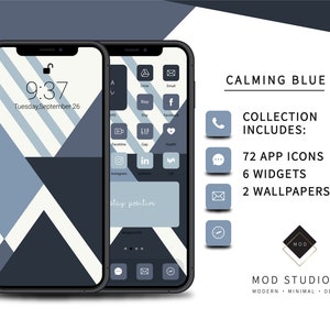 May include: A phone mockup with a calming blue and white geometric pattern wallpaper. The phone screen displays the time 9:37 and the date Tuesday, September 26. The text "CALMING BLUE" is displayed above a list of items included in the collection: 72 app icons, 6 widgets, and 2 wallpapers. The text "MOD STUDIO" is displayed below the list of items.