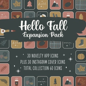 May include: A set of 60 digital icons featuring fall-themed illustrations, including leaves, pumpkins, acorns, mountains, and coffee cups. The text "Hello Fall Expansion Pack" is displayed in the center of the image.