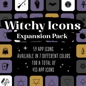 Puede incluir: Una ilustración digital de un conjunto de 59 iconos de bruja, disponibles en 7 colores diferentes para un total de 413 iconos. Los iconos están en un patrón de cuadrícula y presentan varios símbolos de bruja, como un caldero, una escoba, una luna creciente y un pentagrama.