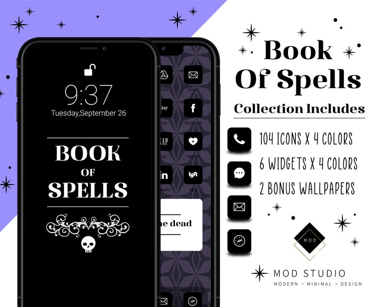 Book of Spells | 416+ Multi Color iPhone iOS14 App Icons | 24 Widget Icons | 2 custom iPhone Wallpaper Designs | Halloween iOS14 Icon Pack 