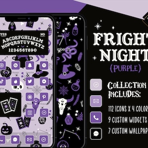 Peut inclure: Un écran de téléphone violet et noir sur le thème d'Halloween. L'écran a un fond violet avec des icônes noires et un tableau Ouija noir et blanc. Le texte "FRIGHT NIGHT (PURPLE)" est affiché sur l'écran. L'écran du téléphone est entouré d'un fond noir avec des étoiles blanches.