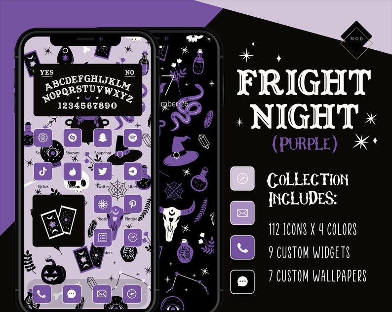 Fright Night (Purple) | 448+ Multi Color iPhone iOS14 App Icons |  9 Widget Icons | 7 Wallpaper designs | Halloween iOS14+ Icon Pack 