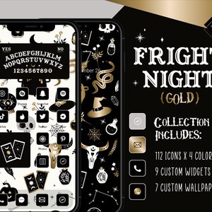 May include: A gold and black Halloween themed phone icon pack with 112 icons, 9 custom widgets, and 7 custom wallpapers. The icons feature a spooky ouija board, a witch's hat, a skull, and a potion bottle.
