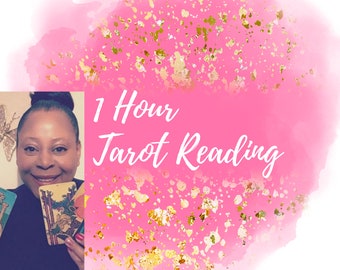 May include: A woman holds up three tarot cards in front of a pink watercolor background with gold glitter. The text "1 Hour Tarot Reading" is written in white on the background.