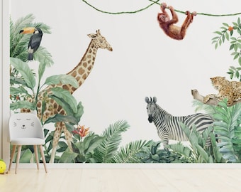 Jungle Safari Animals Wallpaper  Children Room Wall Mural Peel and Stick Wall Art Easy Removable Pattern Baby Kids Room
