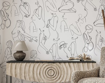 Line Art Wallpaper-Art Wallpaper- Peel and Stick Female Body Line Art Wall Mural- Traditional