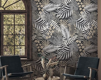 Peel and Stick Wallpaper Wallpaper, Vintage Wallpaper, Botanical Palm Wall Mural, Removable Vintage Leaf Wallpaper, Tropical Wallpaper