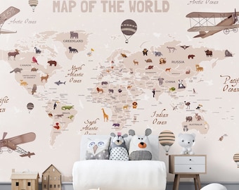 Animals World Map for Kids Wallpaper Peel and Stick Easy Removable Self Adhesive  Child Room Wallpaper Nursery Wall Mural