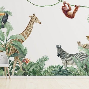 Jungle Safari Animals Wallpaper  Children Room Wall Mural Peel and Stick Wall Art Easy Removable Pattern Baby Kids Room