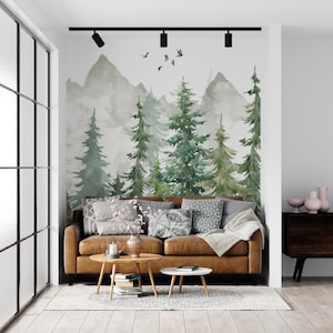 Kids Wallpaper Mountain and Trees Peel and Stick Wall Mural Self Adhesive Nursery Wall Art Child Room Mountain Decor Forest Decal image 2