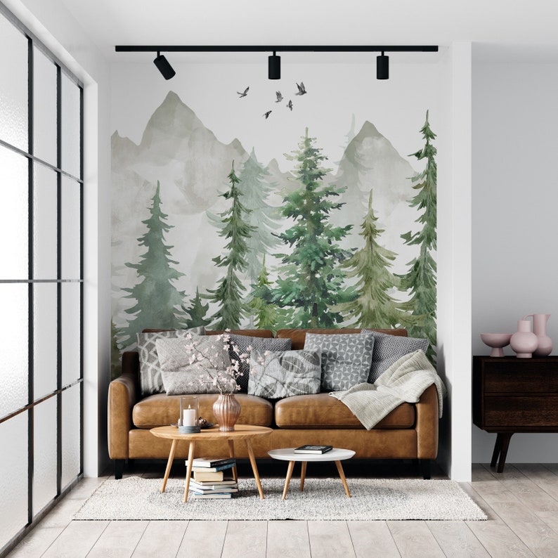 Kids Wallpaper Mountain and Trees Peel and Stick Wall Mural Self Adhesive Nursery Wall Art Child Room Mountain Decor Forest Decal image 2