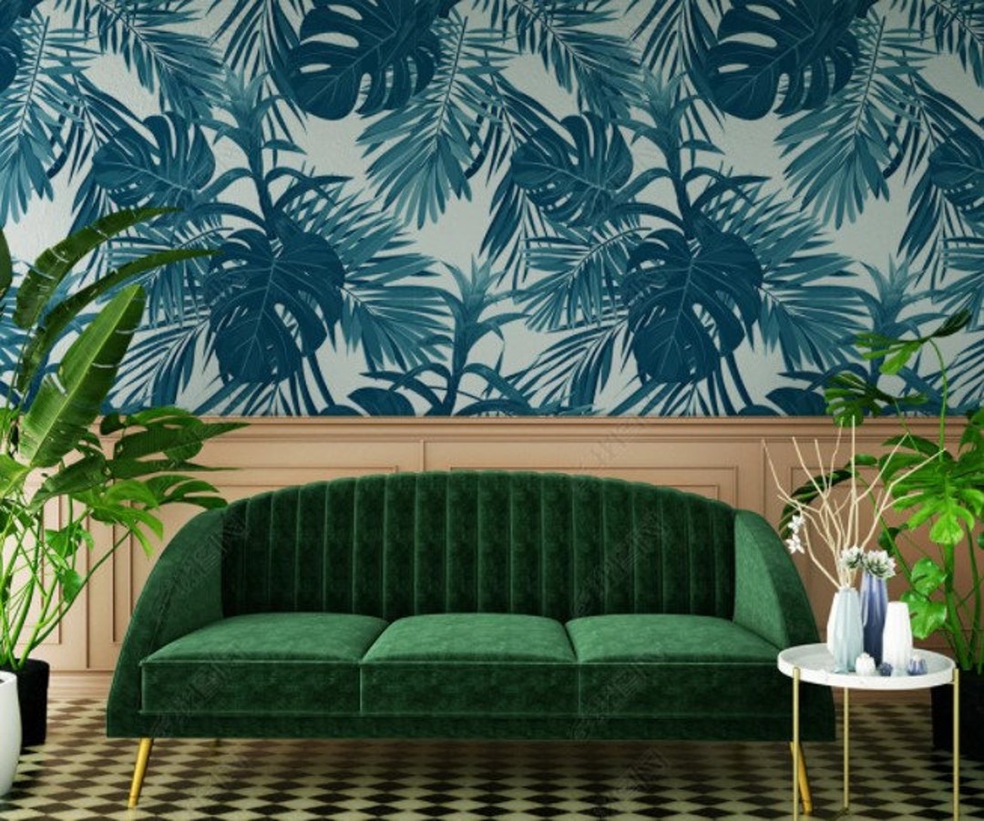 Blue Palm Leaves Wallpaper Botanical Palm Leafs Wall Mural Peel and Stick Wall Art Removable