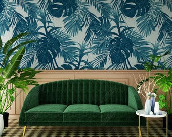Blue Palm Leaves Wallpaper Botanical Palm Leafs  Wall Mural Peel and Stick Wall Art Removable Vintage Leaf Wallpaper Living Room Bedroom
