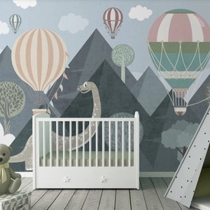 Mountain Dinosaur Wallpaper Mural: Hot Air Balloons, Peel and Stick Kids Room Decor