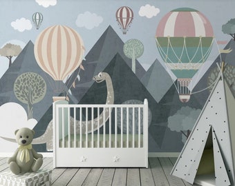 Mountain Kids Wallpaper Hot Air Balloons and Dinosaur Wall Mural Peel and Stick Easy Removable Self Adhesive Kids  Child Room Wallpaper