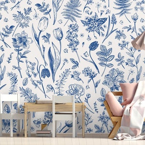 Blue Floral Peel and Stick Wallpaper: Botanical Watercolor Wall Mural