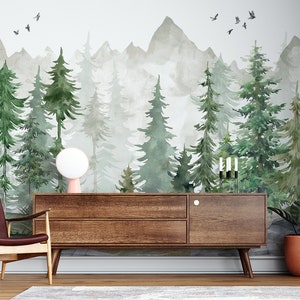 Kids Wallpaper Mountain and Trees Peel and Stick Wall Mural Self Adhesive Nursery Wall Art Child Room Mountain Decor Forest Decal image 4