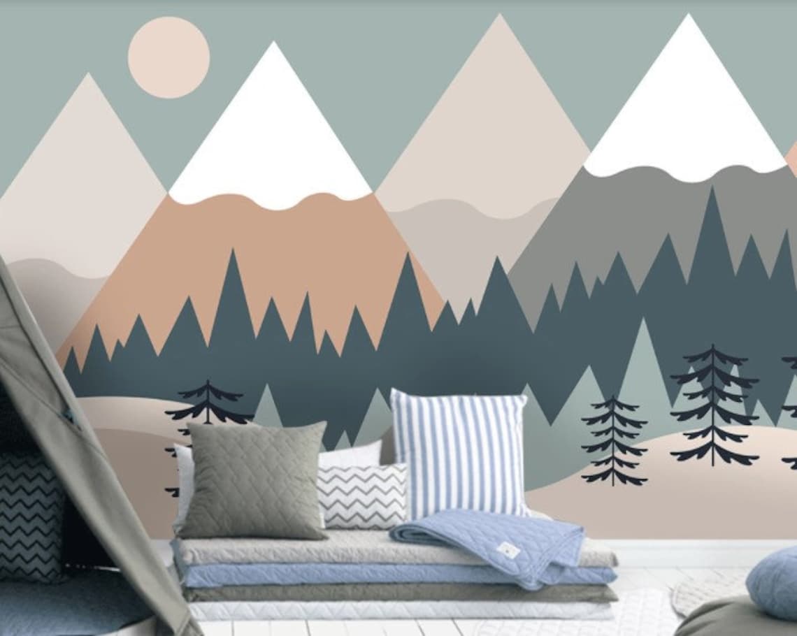 Forest Mountain Nursery Wall Mural Sun and Birds Wallpaper Etsy