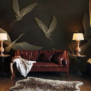 Dark Gold Crane Birds Wallpaper, Vintage Boho Wall Murals, Chinoiserie Wallpaper, Removable Peel and Stick or Traditional Pre-pasted