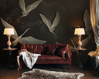 Dark Gold Crane Birds Wallpaper, Vintage Boho Wall Murals, Chinoiserie Wallpaper, Removable Peel and Stick or Traditional Pre-pasted