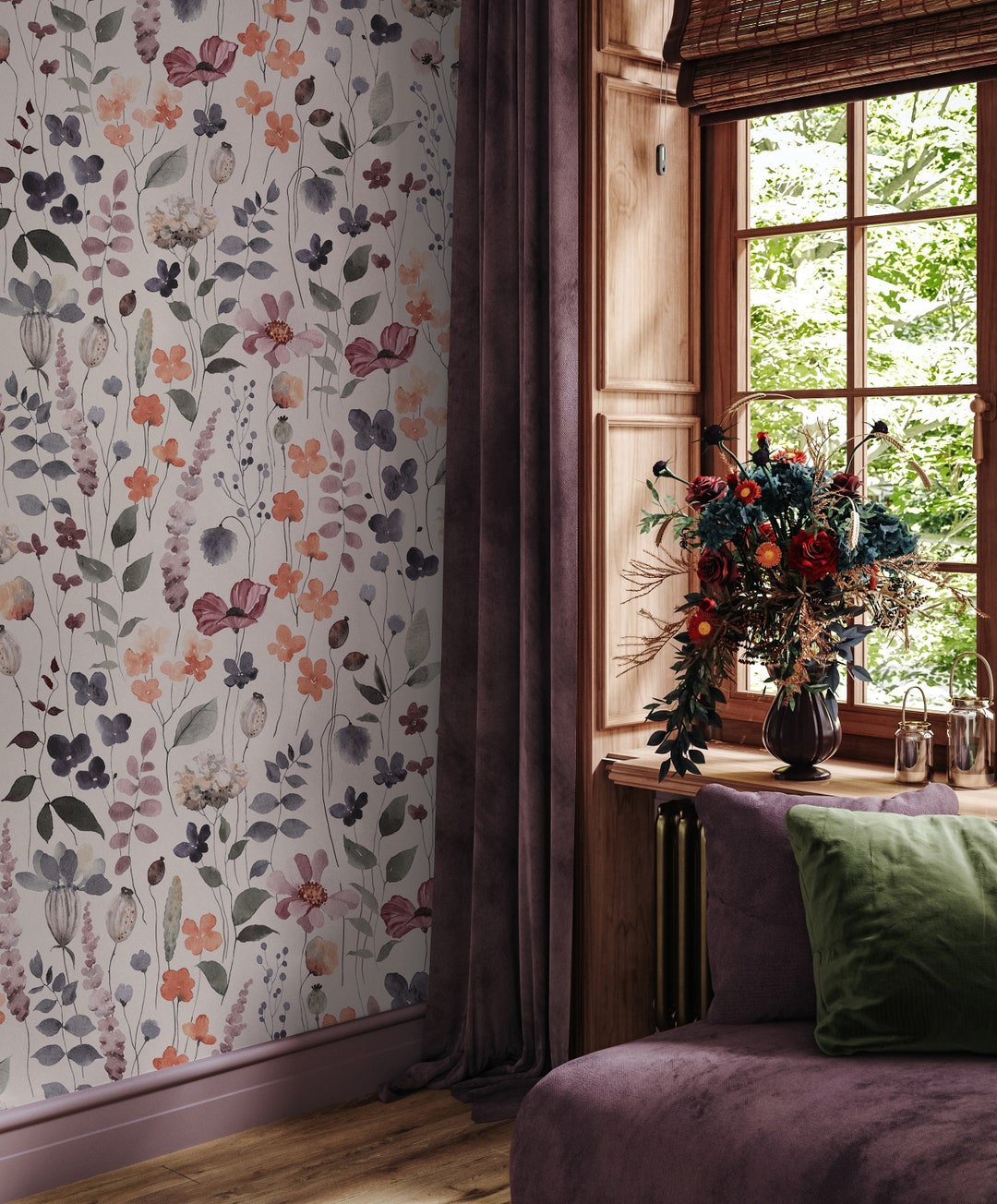 Watercolor Floral Peel and Stick Wallpaper: Botanical Wall Mural - Etsy
