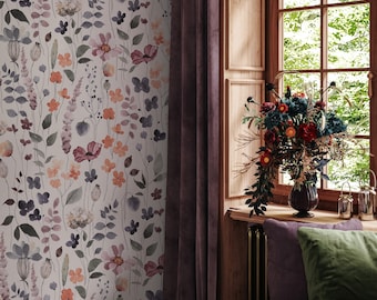 Watercolor Floral Wallpaper | Peel & Stick Wallpaper | Botanical Floral Wall Mural | Removable Stick On Wallpaper | Traditional Wallpaper