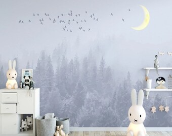 Nature Rainforest Wall Mural Peel and Stick Easy Removable Self Adhesive Birds and Moon Kids Child Room Wallpaper Forest Landscape