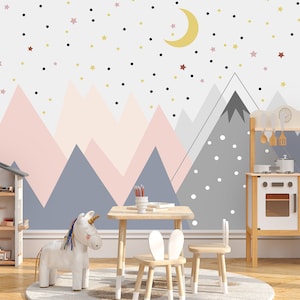 Mountain Nursery Wall Mural,Colorful Star Wallpaper, Peel and Stick, Removable Self Adhesive Kids Wallpaper Child Room Pink Color,Grey Color