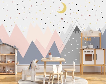 Mountain Nursery Wall Mural,Colorful Star Wallpaper, Peel and Stick, Removable Self Adhesive Kids Wallpaper Child Room Pink Color,Grey Color