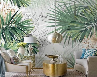 Green Tropical Palm Leaves Wallpaper Leaves Palm Wall Mural Peel and Stick Wall Art Easy Removable Vintage Watercolor Fllowers Wallpaper