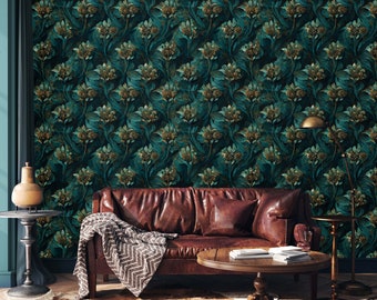 Dark Green Flowers  Wallpaper - Removable Wallpaper- Realistic Dark Floral Living Room Decor- Style Bedroom Wall Mural- Flower Peel & Stick