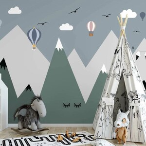 Mountain Nursery Wall Mural Ballons and Birds Wallpaper Peel and Stick Easy Removable Self Adhesive Kids Wallpaper Child Room Wallpaper