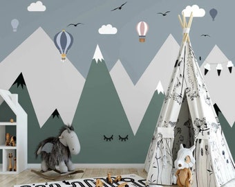 Mountain Nursery Wall Mural Ballons and Birds Wallpaper Peel and Stick Easy Removable Self Adhesive Kids Wallpaper Child Room Wallpaper