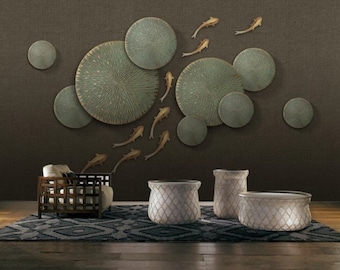 Relief Lotus Leaf Fish Wall Mural Abstract Black Color Wallpaper Peel and Stick Easy Removable Pattern Wallpaper Living Room Wall Mural