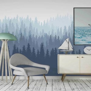 Mural autoadhesivo de selva tropical: Aves, luna y paisaje forestal