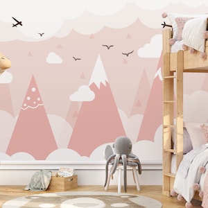 Pink Color Mountain Nursery Wall Mural Birds Wallpaper Peel and Stick Removable Self Adhesive Kids Wallpaper Child Room Wallpaper