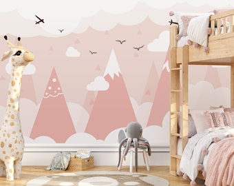 Pink Color Mountain Nursery Wall Mural Birds Wallpaper Peel and Stick Removable Self Adhesive Kids Wallpaper Child Room Wallpaper